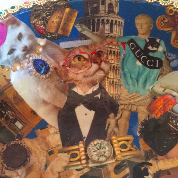 Hand Crafted Vintage Bowl Colorful Cats Designer Fashion Rome Decoupage Art - Picture 5 of 11